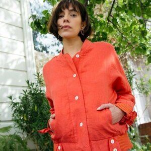 Intropia Size M Orange Button-Up Linen Bomber Jacket Ribbed Hem Cuff Ties